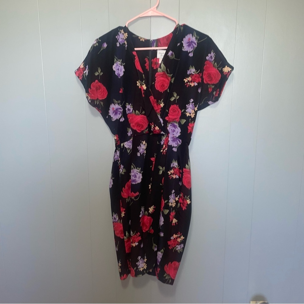 Vintage Stuart Alan Petites Black Red Purple Floral Knee Length Dress Medium